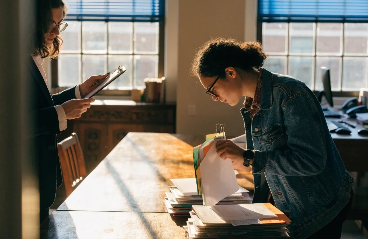 Hands turning tabbed pages of a briefing binder on a sunlit desk