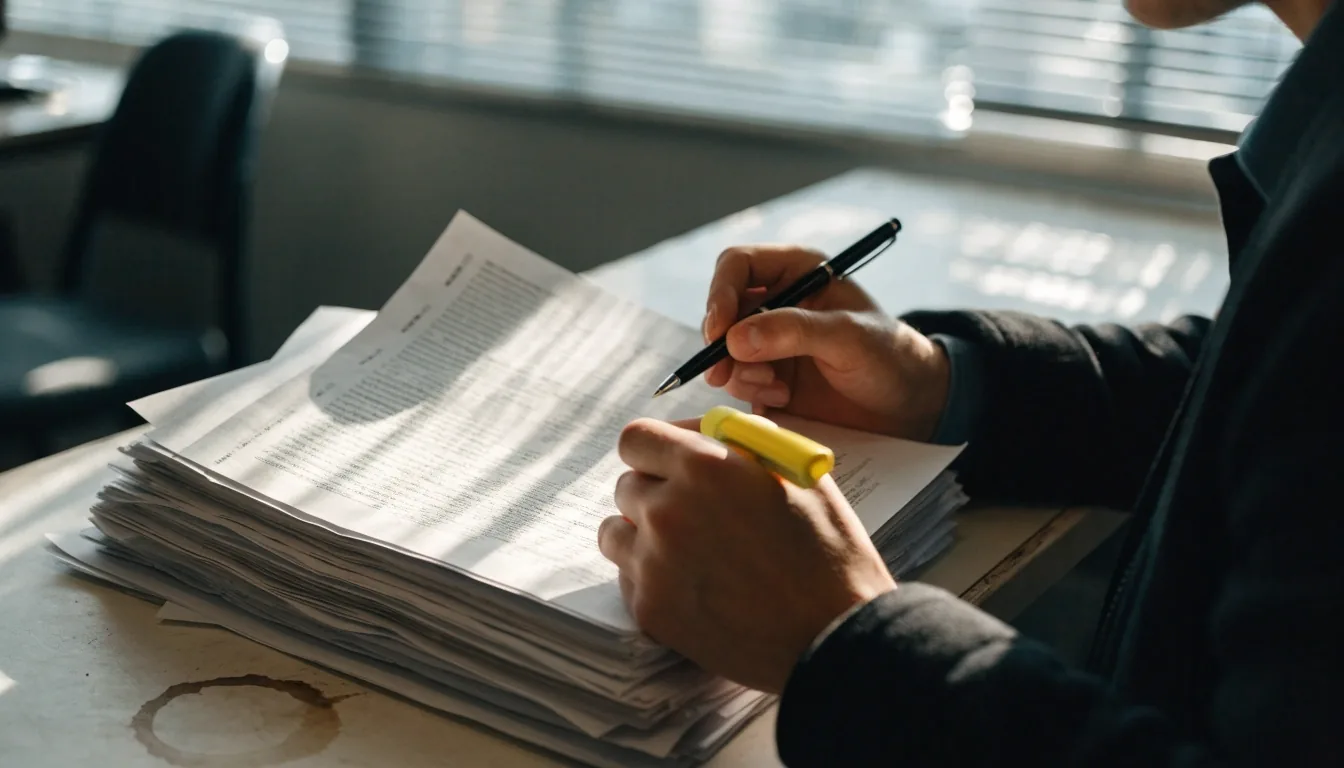 Reporter annotating a thick stack of unmarked campaign filing pages at a desk