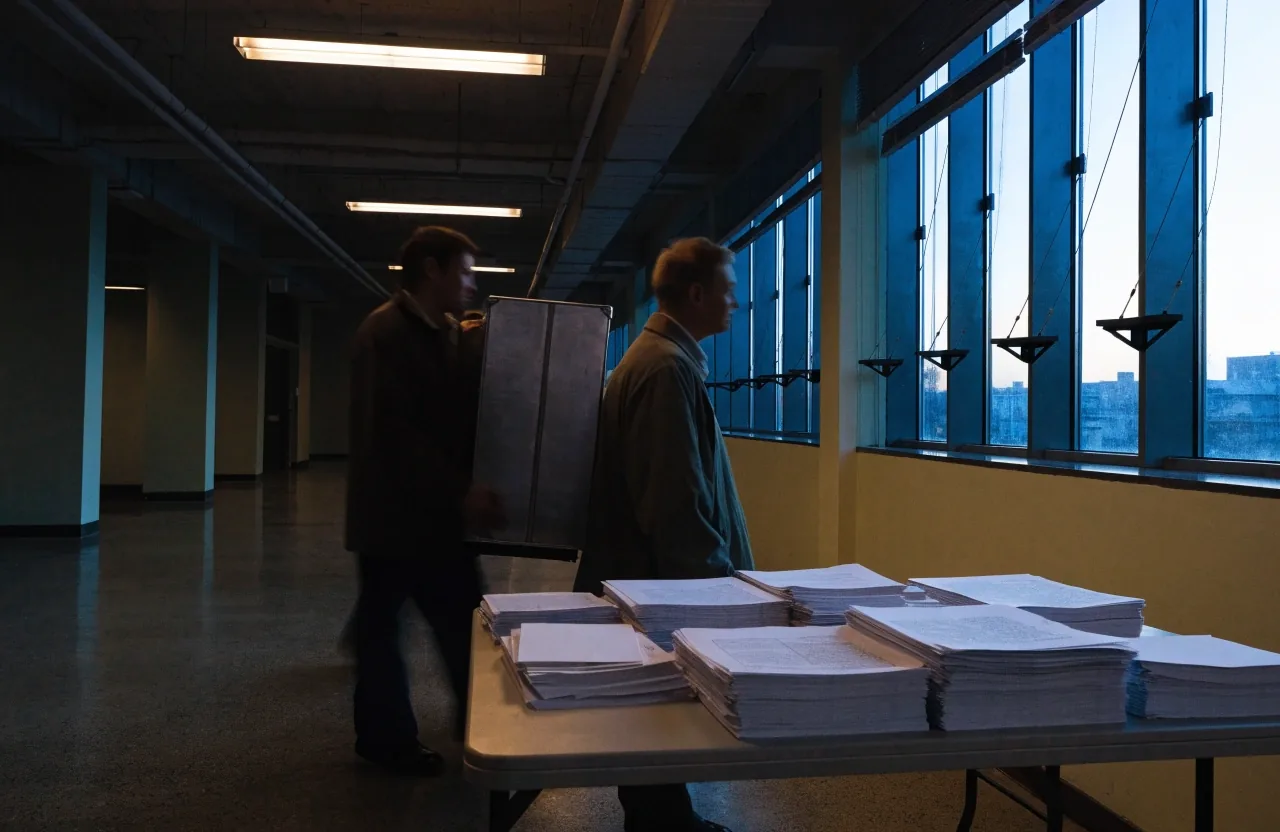 Empty county elections office folding table with squared white paper stacks at dawn
