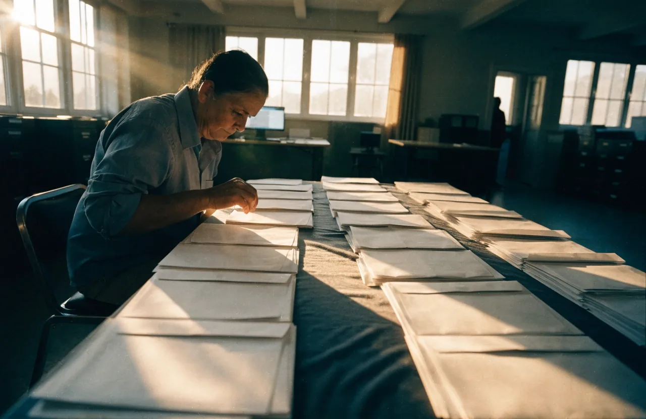 A poll worker aligning stacks of blank ballot envelopes on a folding table at a county elections office before opening