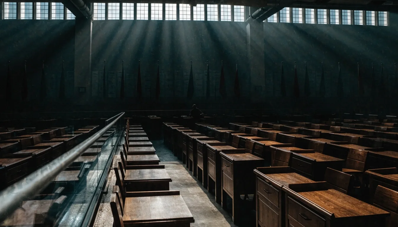 A nearly empty chamber floor seen from the press rail with one seated figure near the back