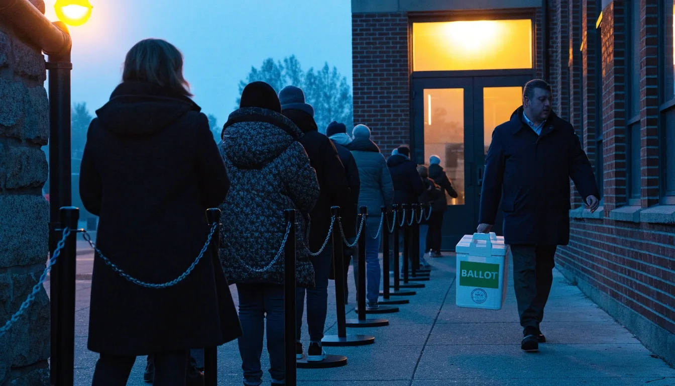 A county elections office folding table at dawn with neat stacks of unmarked ballots