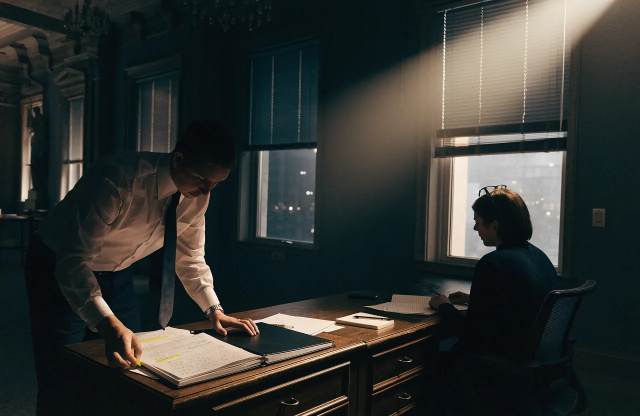 Editor and reporter working a late filing in a state capitol press workspace under one window light