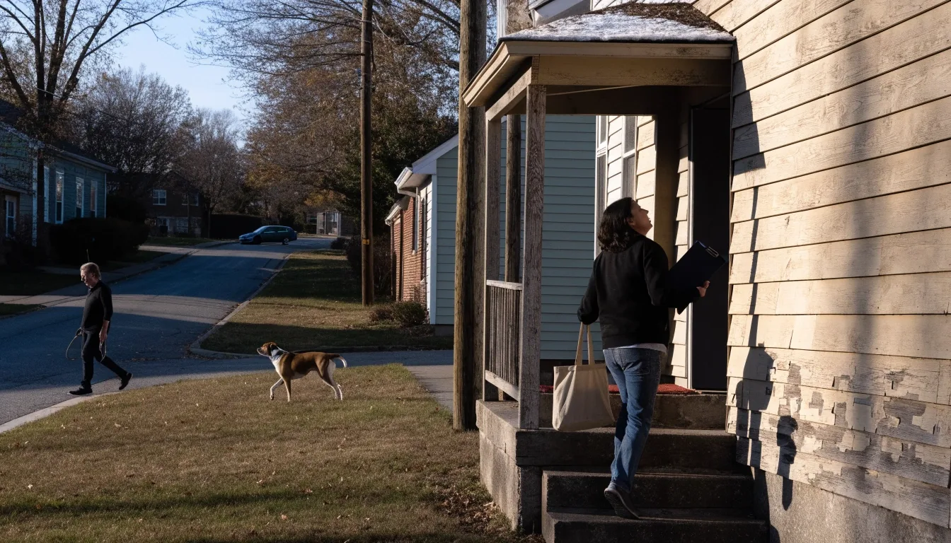 Field organizer walking up the front steps of a suburban Pennsylvania house during morning canvassing