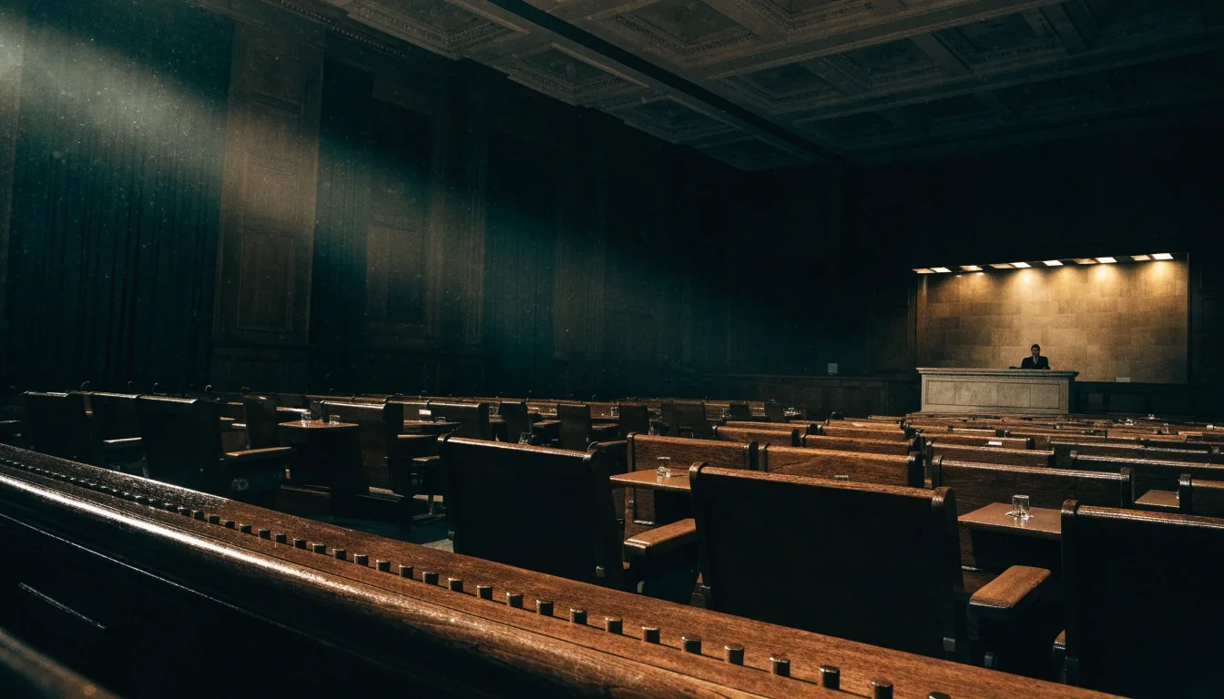 An almost empty Senate hearing room seen from the press rail, one seated figure far down the aisle