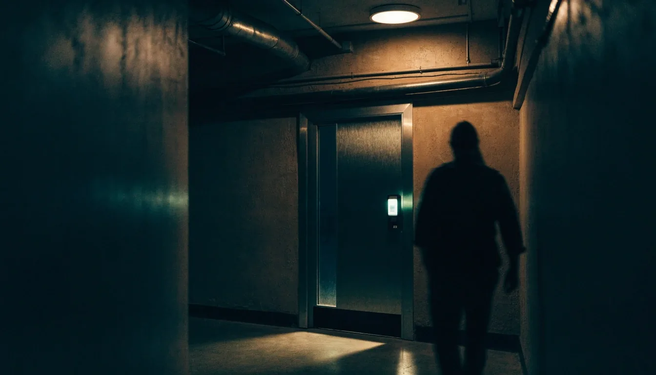 A low-key corridor service door lit by a single overhead light with a technician walking away