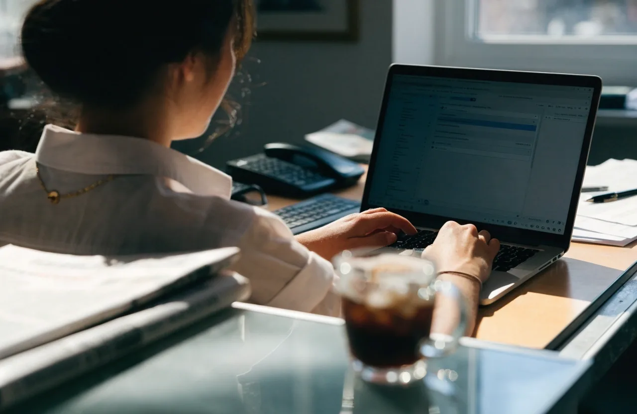 Hands typing a short message on a bright press-office desk in morning light